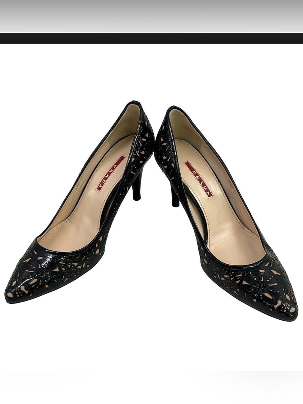 Prada Black Laser-Cut Patent Leather Pumps with Pointed Toe Shoes size 38